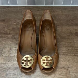 Tory Burch Brown Peep-Toe Wedges